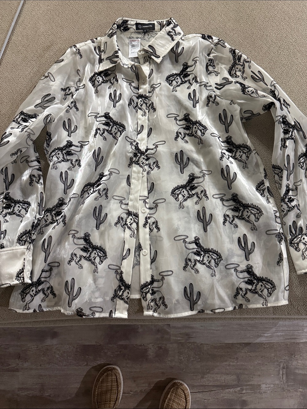 Cream Western-Print Button Front Blouse